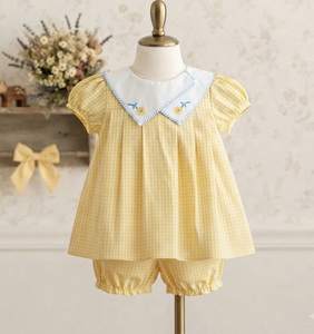 Vestido de Verano para Niña, con Cuello Bordado a Mano con Flores, Diseño a Cuadros Amarillos, Mangas Abullonadas de Algodón, Estilo Casual - Product Image 6