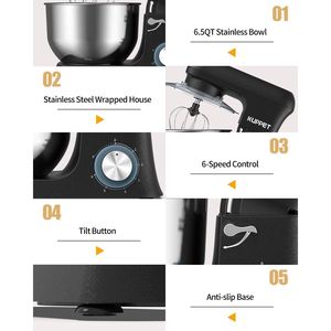 Batteur sur socle en acier inoxydable 6,5 QT, 6 vitesses, tête inclinable, mélangeur alimentaire de cuisine, crochet pétrisseur, fouet métallique, batteur plat, bol mélangeur 7L/5L/10L - Product Image 3