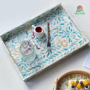 ถาดตกแต่งสีน้ำเงินสำหรับโต๊ะกาแฟ ถาดเสิร์ฟวินเทจทำมือประดับมุก - Product Image 3