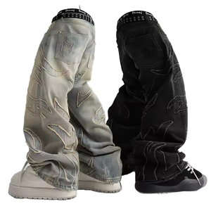 Pantalones Vaqueros Rotos de Estilo Urbano para Hombre, Cintura Elástica, Algodón Lavado, Corte Holgado Recto, Bicolor Negro y Gris - Product Image 1