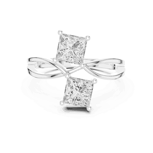 Bague de fiançailles unisexe Toi et Moi en or massif 18 carats, couleur E, double taille princesse, à quatre griffes partagées, avec tige fendue croisée - Product Image 5