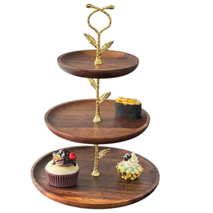 Soporte de 2 niveles para tartas de madera de mango con elegante mango de aluminio plateado con diseño floral, torre decorativa para exhibir postres en fiestas de cumpleaños - Product Image 2
