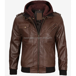 2026 OEM Best Selling Brown Cowhide Leather <b>Jacket</b> For Men's Hood Collar <b>Zipper</b> <b>Pockets</b> 100%High Quality Low MOQ Fashion <b>Jackets</b> - Product Image 1