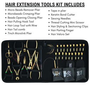 Kit d'outils pour extensions de cheveux dorées, comprenant une pince microlink de 7 pouces, une pince de serrage de perles, un coupe-keratine et des accessoires de salon - Product Image 2