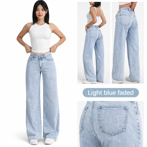 OEM 100 Cotton Low Waisted Straight Leg Jeans Womens Light Blue Wide Leg Denim Pants Cross Border Classy Jeans - Product Image 1
