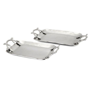 Juego de bandejas de servicio de aluminio plateado de lujo, hechas a mano, con elegantes asas con diseño de flor de lis, bandeja decorativa rectangular de primera calidad - Product Image 2