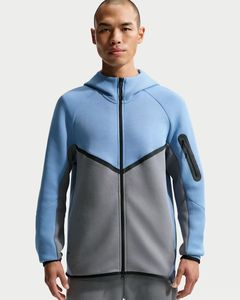 Men's <b>Hooded</b> Full Zip <b>Fleece</b> Sweatshirt Color Blocking Sporty Regular Fit Autumn Wear Breathable Gray Blue - Product Image 1
