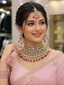 Parure de bijoux de mariée de luxe Ping Bling : Collier ras-du-cou Kundan vert, boucles d'oreilles assorties, perles de zircon, plaqué or antique pour femme - Product Image 1