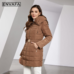Abrigo de invierno para mujer con capucha y cinturón, impermeable, largo, tipo parka, cálido, acolchado, con relleno, diseño a cuadros, chaqueta de plumón gruesa para nieve. - Product Image 3
