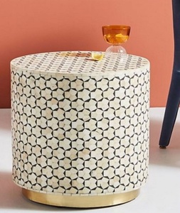 Tabouret et ottoman ronds en os incrustés faits à la main et écologiques - Design moderne pour salon F S INTERNATIONAL Modèle MUG - Product Image 1