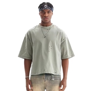 Camiseta de algodón 100% para hombre, talla grande, estilo desgastado, holgada, estampada, de color sólido, transpirable, con el mejor diseño, oversize. - Product Image 1