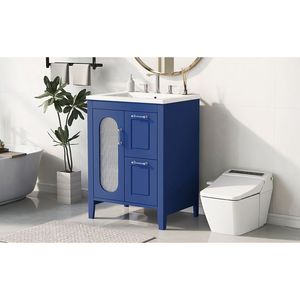 24-Inch <b>Solid</b> <b>Wood</b> MDF Blue <b>Bathroom</b> Vanity Cabinet with Sink Two Drawers Adjustable Shelf & <b>Door</b> - Product Image 3
