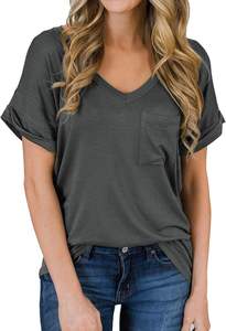 T-shirt d'été pour femmes, col en V, couleur macaron, manches courtes, coupe slim, décontracté, urbain, avec poche - Product Image 4