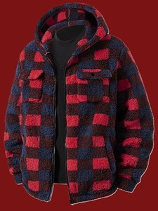Mens <b>Red</b> Blue Plaid Fluffy Hooded Jacket Sherpa Fleece Checkered Zip Up Warm Oversized Plush <b>Hoodie</b> With Pockets Streetwear Wint - Product Image 1