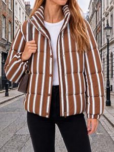Chaqueta Acolchada a Rayas Marrones de Alta Calidad para Mujer, Cuello Alto, Manga Larga, Abrigo Acolchado, Ropa de Invierno OEM - Product Image 4