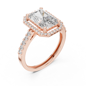 Anillo de compromiso de oro rosa con moissanita y halo, corte esmeralda, banda pavé, joyería de boda para mujer, halo de diamantes de oro rosa con corte radiante - Product Image 3