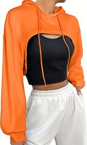 Sudadera con capucha corta naranja, color sólido, informal, para otoño, manga regular, sudadera con capucha para mujer, top informal para mujer - Product Image 4