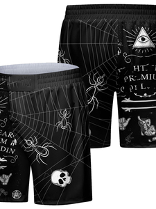 Shorts de Baño para Hombre, Negros, con Estampado de Sublimación, Diseño de Telaraña, Calavera y Ojos, Secado Rápido, Poliéster - Product Image 6