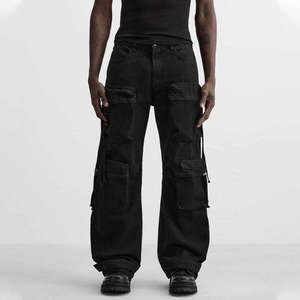 Jean cargo noir pour homme, coupe ample, taille mi-haute, en denim, avec plusieurs poches, style streetwear automne - Product Image 5