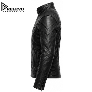 <b>Men</b> Handmade Black Genuine <b>Leather</b> Motorcycle Biker <b>Jacket</b> with Quilted Sleeves, Stand-Up Collar and Adjustable Side Straps - Product Image 2