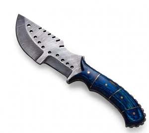 Cuchillo de exterior de acero de Damasco hecho a mano con mango de madera azul y hoja esqueletizada con orificios de ventilación - Product Image 3