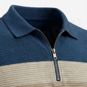 Polo en tricot à manches courtes pour homme avec fermeture éclair, design bicolore, séchage rapide, style décontracté, rayures bleu beige - Product Image 4