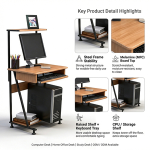 Petit bureau d'ordinateur en métal durable avec étagère et support pour ordinateur portable, design simple, idéal pour le télétravail - Product Image 3