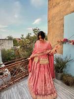 Lehenga Choli Rosa Bordado con Dupatta, Vestido Tradicional Indio Pakistaní para Bodas y Fiestas