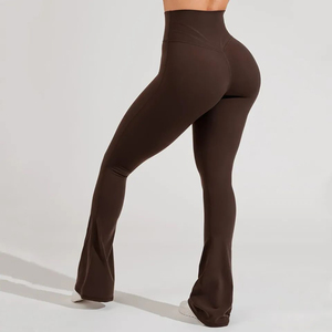 High Waist <b>Flared</b> Leg Yoga <b>Leggings</b> Solid Olive Green Seamless Full Length Elastic Waist Women's Workout Pants - Product Image 3