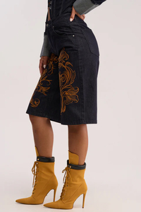 Shorts pour hommes en denim brodé style gothique, taille haute, motif floral, fermeture boutonnée, 100% coton, séchage rapide, pour la gym et la course à pied - Product Image 3