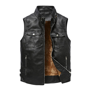 Gilet moto homme en cuir PU respirant et écologique, col montant, fermeture éclair, couleur unie, vêtement d'extérieur automne-hiver, coupe classique - Product Image 2