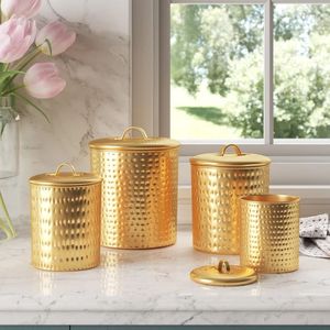 <b>Set</b> Of Three Golden Brass Spice <b>Canisters</b> With Airtight Lids Bohemian Design Kitchen Storage Containers Cylinder Shape - Product Image 4