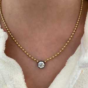 Collar de Cadena de Bolas de Oro Real de 14K y 10K con Colgante de Diamante Redondo Cultivado en Laboratorio, Solitario, Minimalista, para Novia - Product Image 3