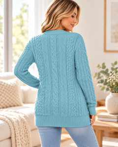 Women's Light Blue Knitted <b>Cardigan</b> Long Sleeve V-Neck Button Closure Casual Regular Fit Autumn Wear - Product Image 5