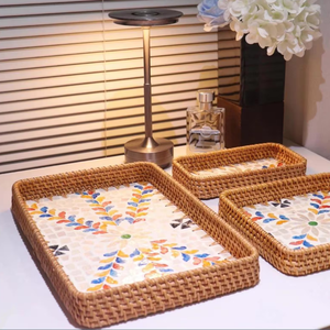 Set 3 Rectangular Rattan Mother Of Pearl Tray Rainbow Branch Inlay Exquisite Serving Platter For Hotel <b>Buffet</b> Wholesale - Product Image 2
