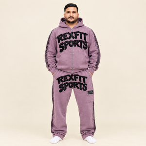 Conjunto deportivo unisex Rexfit personalizable de sudadera con capucha y pantalones de chándal, estampado morado, felpa francesa, etiqueta personalizada, traje deportivo para invierno. - Product Image 1