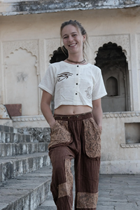 Kurti court en coton blanc cassé fait main pour femme, imprimé au bloc, style bohème chic, haut d'été léger et respirant en coton - Product Image 4