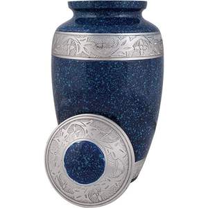Handcrafted <b>Blue</b> Speckled Metal Cremation Urns for Human Ashes Adult Large Memorial Funeral Urn with Engraved Silver Border - Product Image 1