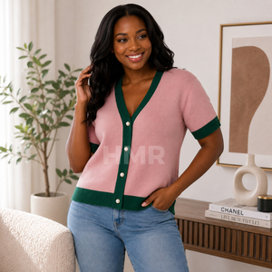 HMR Women Sorority Sisterhood OEM ODM Women's Knitted V-Neck <b>Cardigan</b> <b>Short</b> <b>Sleeve</b> Contrast Color Casual Button Closure - Product Image 3
