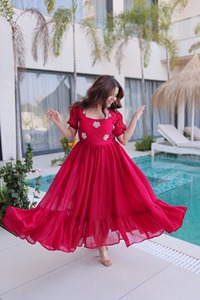 Vestido de Seda con Bordado de Cuentas, Diseño Indio Moderno, para Bodas, Fiestas, Uso Casual, de Secado Rápido, para Mujer - Product Image 5