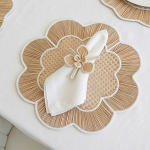 Handwoven Floral Scalloped Rattan Placemat and Charger <b>Plates</b> From Vietnam Factory for Dining Table Set of <b>Mats</b> & Pads - Product Image 6