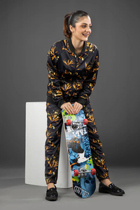 Survêtement unisexe en molleton noir à imprimé floral, coupe longue, à capuche avec poches latérales, pour tenue décontractée d'automne - Product Image 6