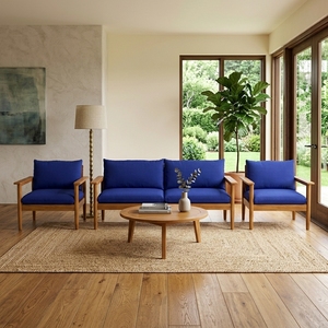 Ensemble de chaises de salon en teck massif avec coussins bleus, fauteuils de patio extérieurs faits à la main, ensemble de meubles de salon - Product Image 4