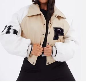 Chaqueta Varsity Beige para Hombre y Mujer, Estilo Preppy, Cierre de Botones, Letra P Bordada, Algodón y Poliéster, para Otoño, Corte Regular, Corta - Product Image 6