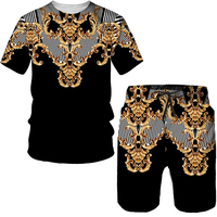 Ensemble de t-shirts pour homme, imprimé lion noir et or, 100% polyester, impression numérique, tenue décontractée d'été, col rond, manches courtes, 2 pièces