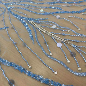 Tela de encaje con cuentas pesadas hecha a mano, bordado dorado, malla de piedras azul real para caftán de lujo, vestido de novia árabe, material para vestido de noche - Product Image 1
