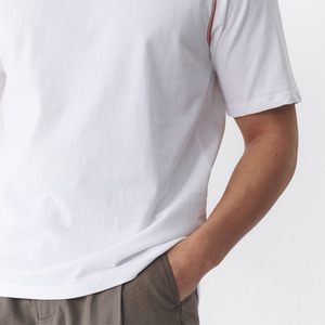 T-shirt blanc à manches courtes pour homme, col rond, coupe classique, bordure contrastée, tricoté, 100 % coton, décontracté, respirant, écologique, séchage rapide - Product Image 6