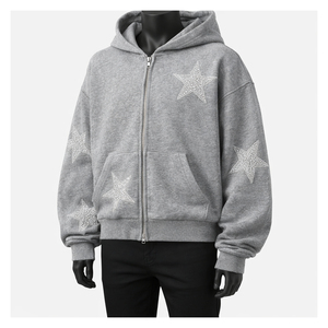 Rhinestone Star Zip Winter Oversized Hoodie <b>Grey</b> Heavyweight Cotton Fleece Bling Crystal Print <b>Sweatshirt</b> <b>Men</b> Private Label - Product Image 1