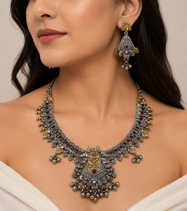 Ensemble de zircons bicolores en laiton de qualité supérieure, oxydé argent et or |   Ensemble collier et boucles d'oreilles tendance pour femmes plaqué platine, style tribal |   Vente en gros - Product Image 6