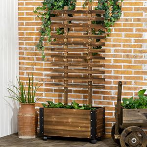 Fioriera Rialzata in Legno con Traliccio e Angoli in Metallo, Ruote per Patio, Giardino o Terrazza - Forniture per Giardinaggio - Product Image 2
